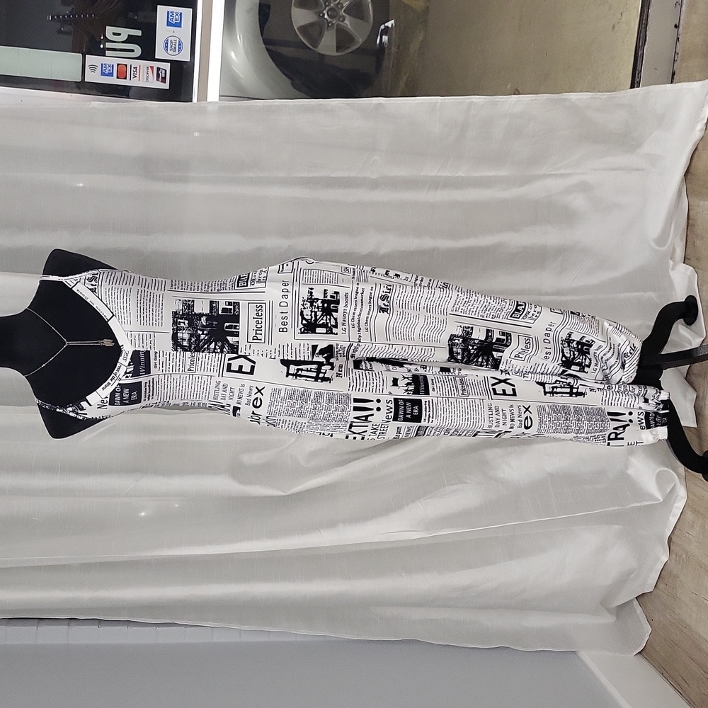 Newspaper Print Slip Jumpsuit - White/Black